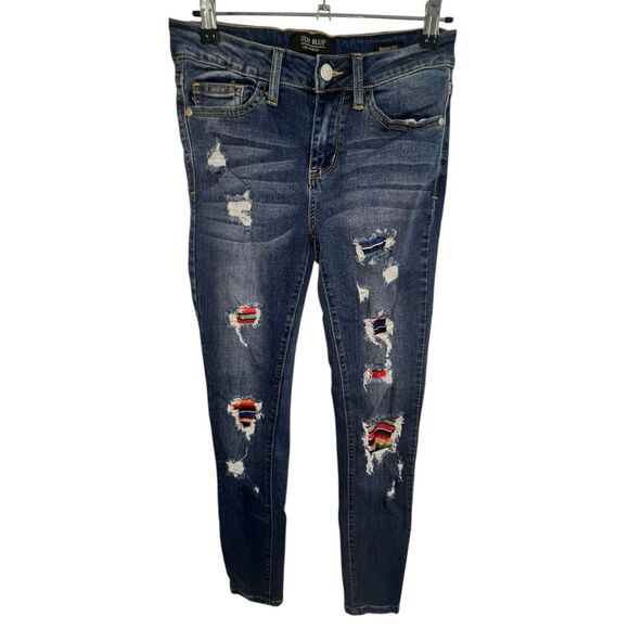 Judy Blue Distressed High Waisted Skinny Jeans With Striped Fabric - Picture 1 of 6